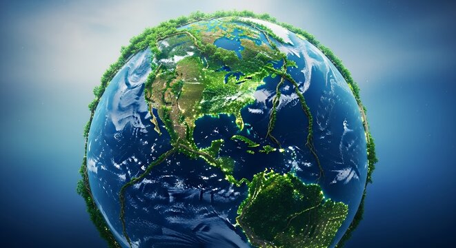 Verdant Earth: A vibrant depiction of our planet highlighting nature and environmental awareness with lush greenery and glowing city lights