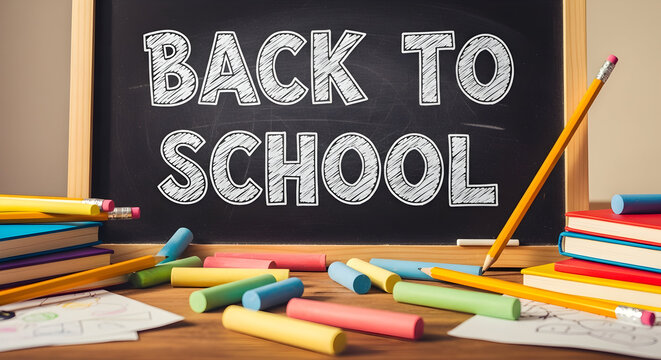 Back to school chalkboard message surrounded by colorful pencils books and chalk on a wooden desk - Powered by Adobe