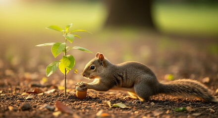 Squirrel's gentle interaction with nascent plant, an allegorical ode to nature's fragile beauty and hopeful cohabitation in gentle sunlight