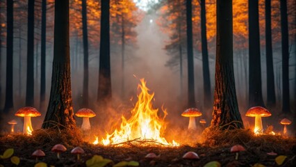 autumn night bonfire Mushrooms surround a campfire in a misty forest with autumn foliage glowing in the background.