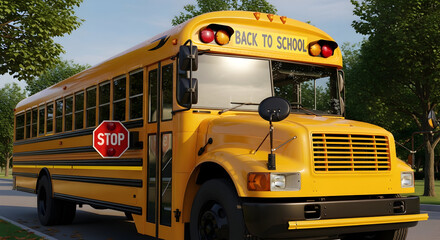 Classic yellow school bus with stop sign extended parked on a tree lined street on a sunny day