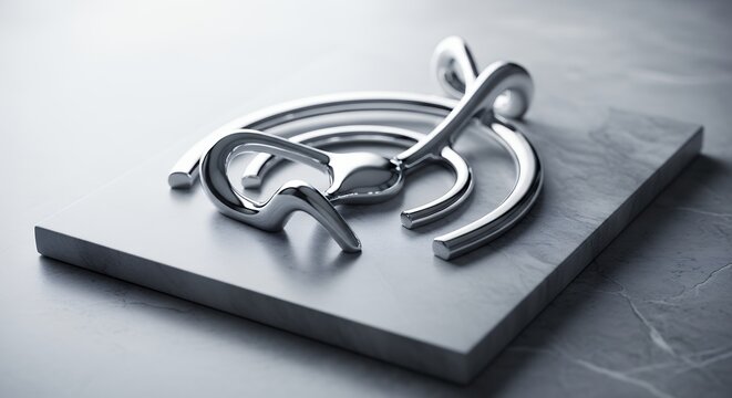 Abstract metallic sculpture on gray surface evokes modern art and refined craftsmanship adding a sleek touch and aesthetic visual appeal