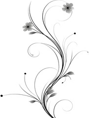 Elegant symmetrical decorative scroll vector with simple black lines on white background featuring two small floral accents, minimalist 2D design, refined curves