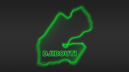 Neon Green Djibouti Map Outline Futuristic Digital Glow Halftone Illustration