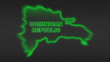 Neon Green Dominican Republic Map Outline Futuristic Digital Glow Halftone Illustration