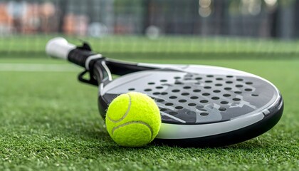 A close-up view of a padel racket and a vibrant yellow ball resting on the artificial green grass of a sports court