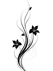 Elegant symmetrical decorative scroll vector with simple black lines on white background featuring two small floral accents, minimalist 2D design, refined curves