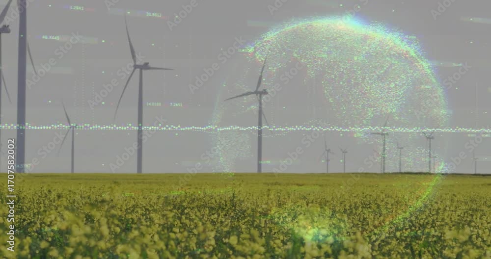 Poster yellow field starting turbine blade rotating and pulsing waveform forming sphere for energy insight