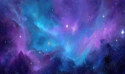 A vibrant celestial canvas of swirling blue, purple, and pink hues, dotted with sparkling stars creates a dreamy, ethereal space atmosphere
