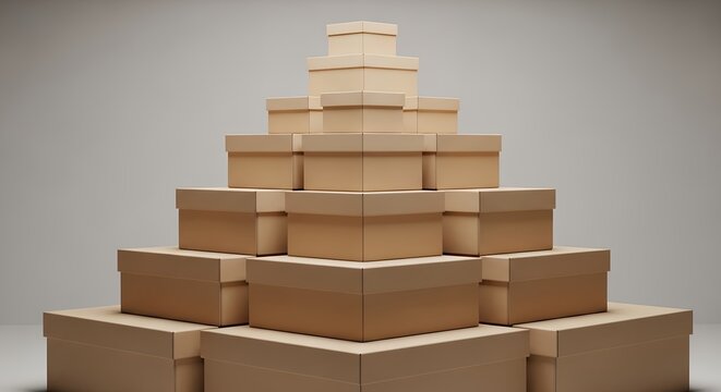 Arrangement of layered cardboard boxes of various sizes structured in a pyramidal shape showcasing package and distribution logistics