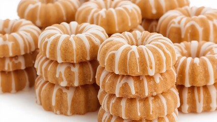 Mini bundt cakes stacked with white icing drizzle, closeup of fresh baked pastries for dessert and bakery display