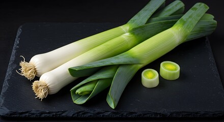 Fresh leeks on dark slate