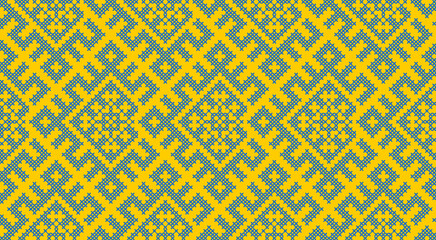 Traditional Ukrainian ornament vector, blue and yellow cross-stitch seamless pattern, ethnic vyshyvanka embroidery, folk geometric background for print, fabric, clothing, website, banner