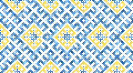 Traditional Ukrainian ornament vector, blue and yellow cross-stitch seamless pattern, ethnic vyshyvanka embroidery, folk geometric background for print, fabric, clothing, website, banner
