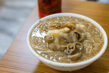 Traditional Taiwanese pork intestine soup on table