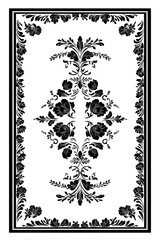 Elegant symmetrical decorative scroll vector with simple black lines on white background featuring two small floral accents, minimalist 2D design, refined curves