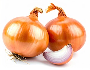 Two whole onions & a slice show their layered composition on a white background, with golden-brown outer layers and light purple inside