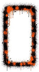 A rectangular graphic frame, boldly designed with splatter effects of black and orange paint, creating a dynamic and artistic border.