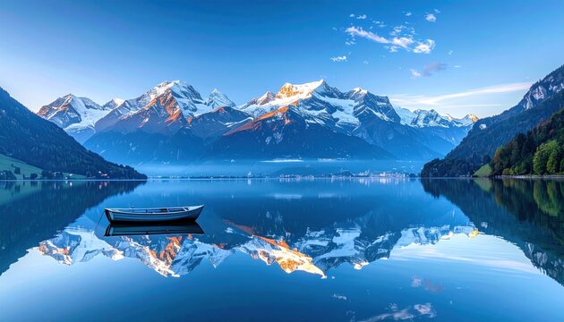 Serene lake reflection of snow-capped mountains under a clear blue sky, with a small boat peacefully floating on the calm water