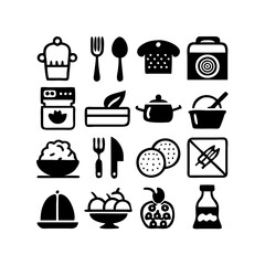 Vector art of collection of cooking icons featuring various kitchen utensils, food ingredients, and cooking appliances in black and white