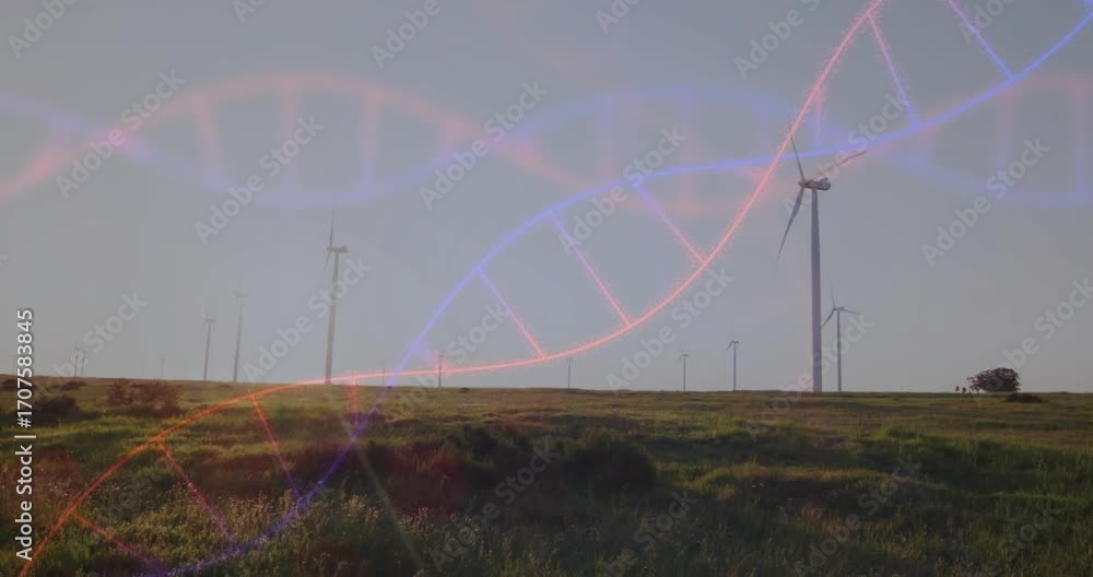 Poster double-helix emerging from corner and undulating over rotating wind turbines to show energy synergy