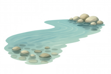 Cartoon river winding gently around smooth rocks, flowing transparently across isolated landscape element
