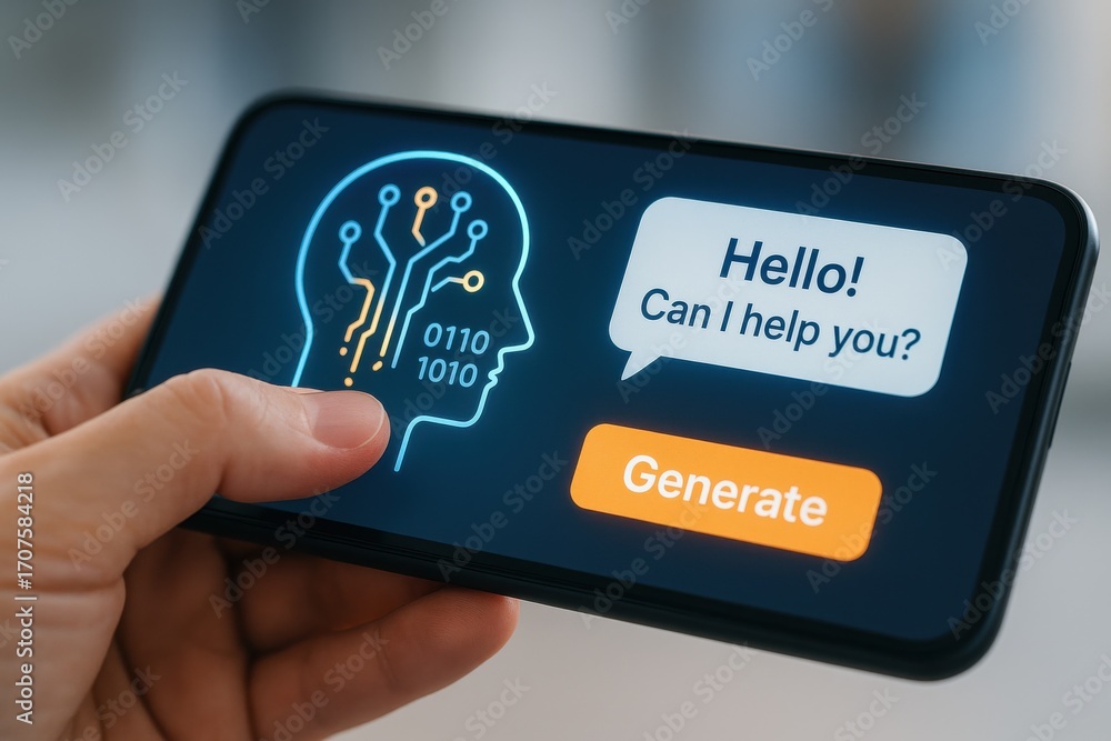 Poster hand holding smartphone with ai chatbot interface displaying friendly conversation prompt