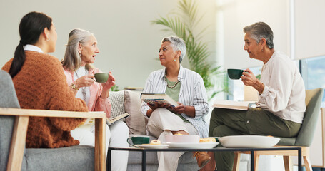 Book club, friends and senior women in home, retirement and review of novel, discussion and...