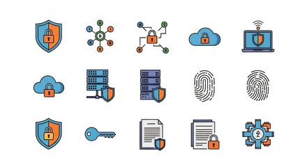 Collection of Security and Privacy Icons Representing Cyber Safety and Data Protection Measures for Online Digital Transactions