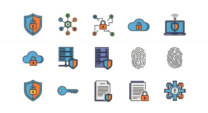 Collection of Security and Privacy Icons Representing Cyber Safety and Data Protection Measures for Online Digital Transactions