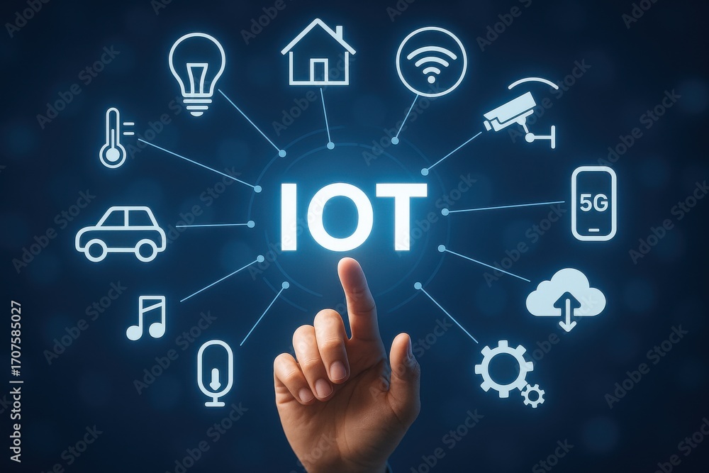 Poster hand tapping interface of internet of things concepts with icons and connections visuals