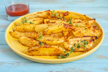Oven baked potato wedges served with fresh thyme on ceramic platter.