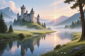 Fototapeta premium A castle beautifully resides by serene waters and majestic mountains at sunrise, offering a breathtaking view
