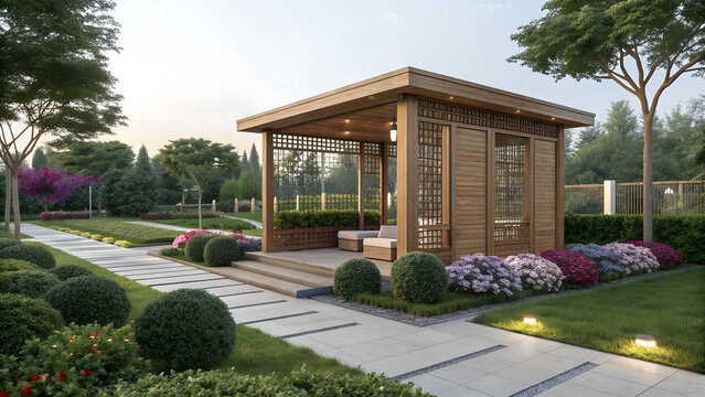 A wooden gazebo with lattice walls in a landscaped garden with flowers and a stone pathway