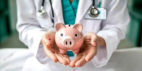 Female�doctor�holding piggy bank in�clinic.
