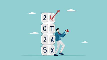 2025 tax, tax percentage policy each year, businessman with 2025 tax dice examines tax increase graph using a magnifying glass