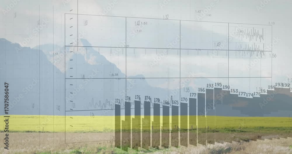 Poster grid fading in over yellow crop adding numeric axes tracing line and animating bars showing trends