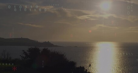 Faint binary digits starting code flowing over sunset bluff, merging nature with technology - Powered by Adobe