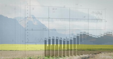 Grid fading in over yellow crop adding numeric axes tracing line and animating bars showing trends - Powered by Adobe