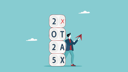 Fototapeta premium 2025 tax, tax percentage policy each year, businessman with 2025 tax dice examines tax increase graph using a magnifying glass