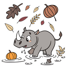 Playful Surprised Rhino design, styled with splashing in puddles and Harvest Blessings shades in a Thanksgiving setting