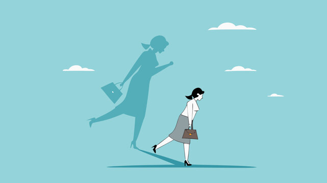 businesswoman shadow yelling to himself with megaphone concept illustration, negative critic thinking to blame your self, depressed businesswoman self shadow blame with megaphone illustration