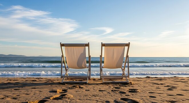 Two light beige beach chairs stand on the sand, facing the ocean waves under a serene, light blue sky. - Powered by Adobe
