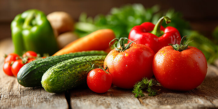 fresh vegetables tomatoes cucumbers peppers arranged on kitchen table