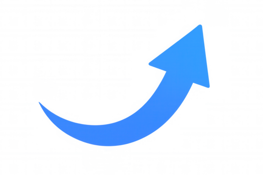 Blue curved arrow pointing upward on transparent surface, representing business advancement and upward trajectory