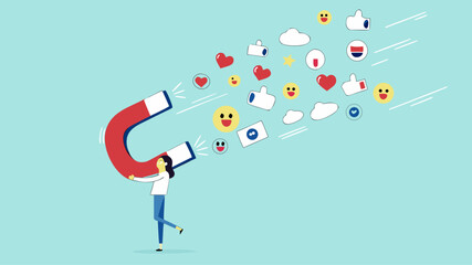 attraction marketing, strategy to result in making more sales, increasing interaction in digital marketing strategies, business woman carry large magnets to generate high content engagement