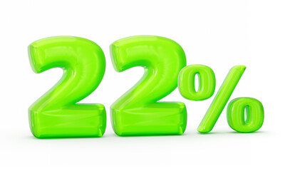 Green jelly digit 22% or Twenty two percent isolated on white background. 3d illustration