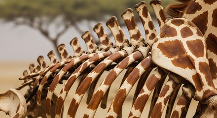 Detailed close-up view of a giraffe's rib cage, showcasing the intricate pattern of the bones and the animal's characteristic spots.