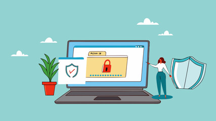 confidential document, security or protection for archiving important files or documents, secret security key for privacy protection, woman locks document folder on laptop with security padlock