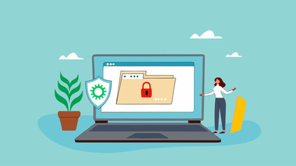 confidential document, security or protection for archiving important files or documents, secret security key for privacy protection, woman locks document folder on laptop with security padlock